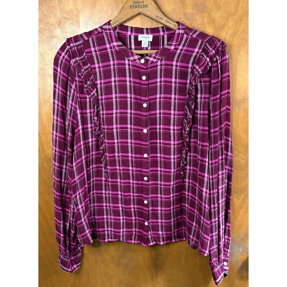 J. Crew Red Burgundy Plaid Ruffle Button Down Blouse Top 2X Office Preppy Boho